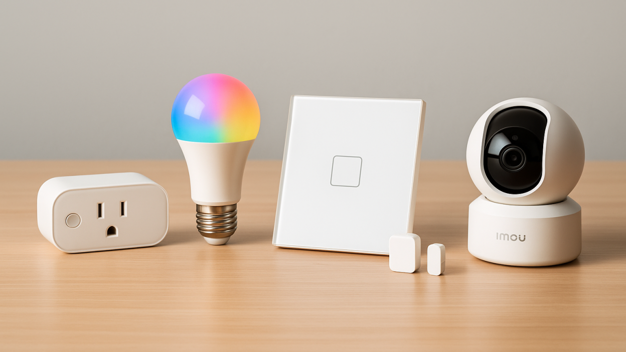 Tuya-compatible smart plug, LED bulb, wall switch, door sensor, and smart camera on wooden surface