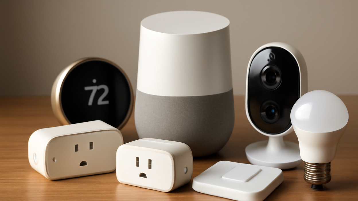 An assortment of smart home devices including a smart speaker, thermostat, security camera, smart plug, light bulb, and light switch, arranged on a wooden surface
