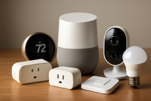 An assortment of smart home devices including a smart speaker, thermostat, security camera, smart plug, light bulb, and light switch, arranged on a wooden surface