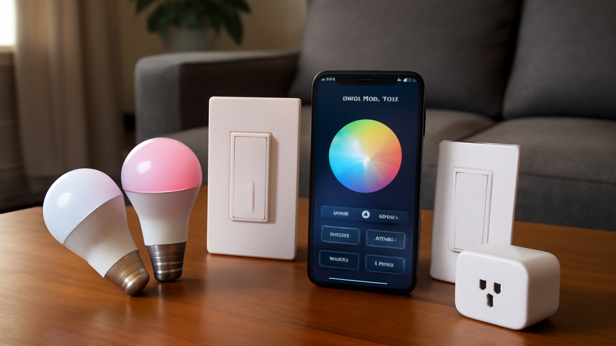 Smart lighting setup featuring color-changing bulbs, smart light switches, and app control, placed in a living room setting.