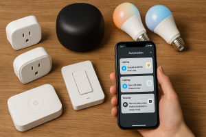 Smart home automation setup with Tuya devices including smart plugs, bulbs, light switches, and a smartphone app controlling lighting and automation settings.