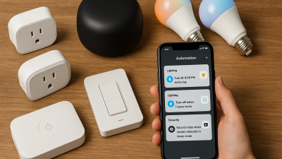 Smart home automation setup with Tuya devices including smart plugs, bulbs, light switches, and a smartphone app controlling lighting and automation settings.