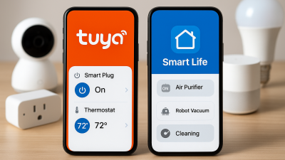 Comparison of Tuya and Smart Life smart home platforms displayed on smartphones with smart devices in the background