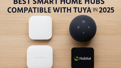 Best smart home hubs compatible with Tuya in 2025 arranged on a wooden surface.