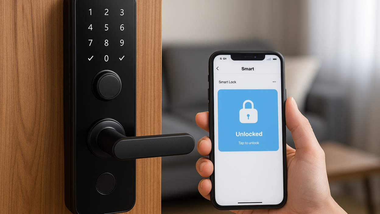 Smart door lock with biometric scanner and smartphone displaying Tuya Smart app for unlocking