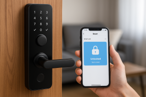 Smart door lock with biometric scanner and smartphone displaying Tuya Smart app for unlocking
