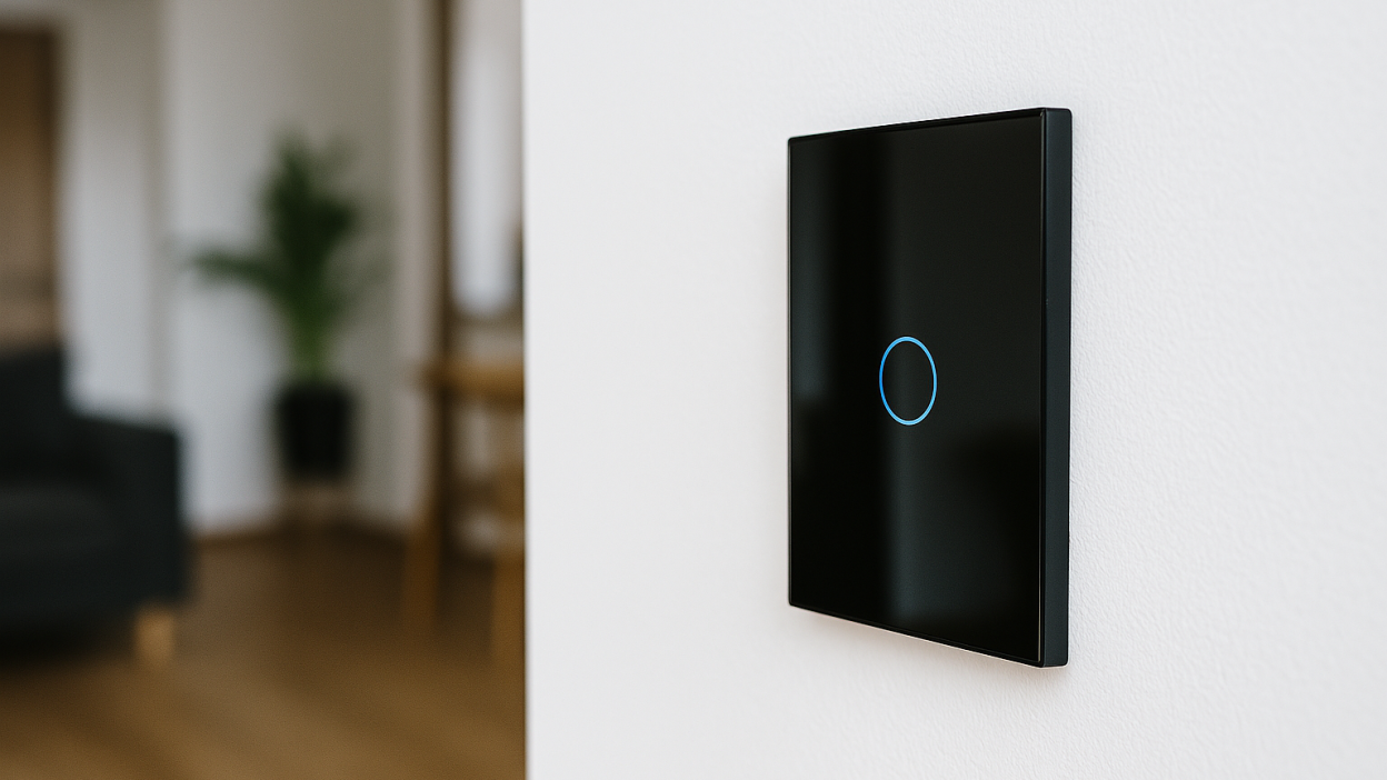 Moes smart wall switch with touch-sensitive LED on white wall in modern home interior