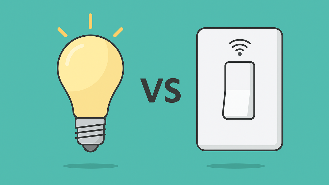 Comparison of a smart light switch and smart bulb in a modern illustration.