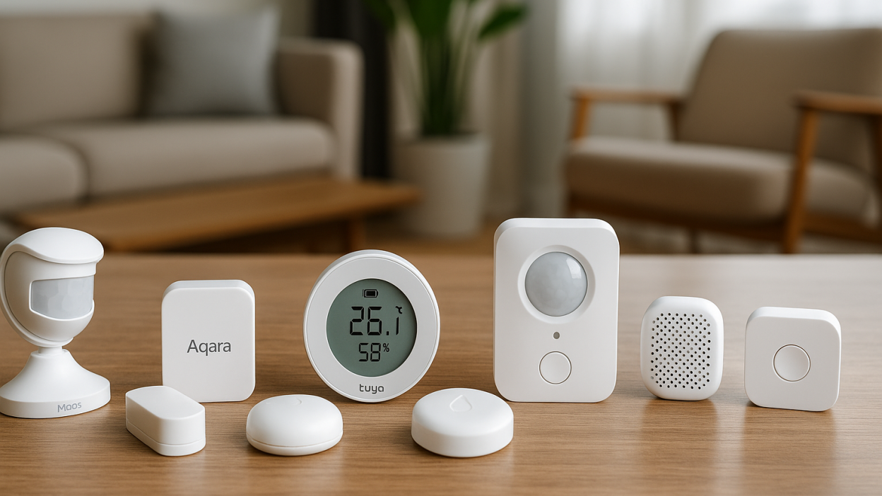 Seven different Tuya-compatible smart sensors including motion, contact, leak, and temperature sensors on a wooden surface