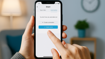 Person using Tuya smart home app to create automation scene in modern living room