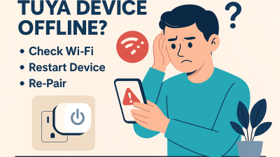 Frustrated man holding phone in front of Tuya smart plug showing offline status