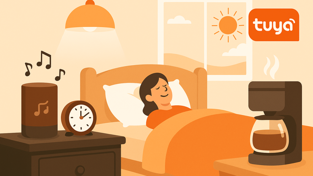Smart morning routine with Tuya devices including lights, coffee machine, and music