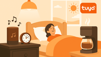 Smart morning routine with Tuya devices including lights, coffee machine, and music
