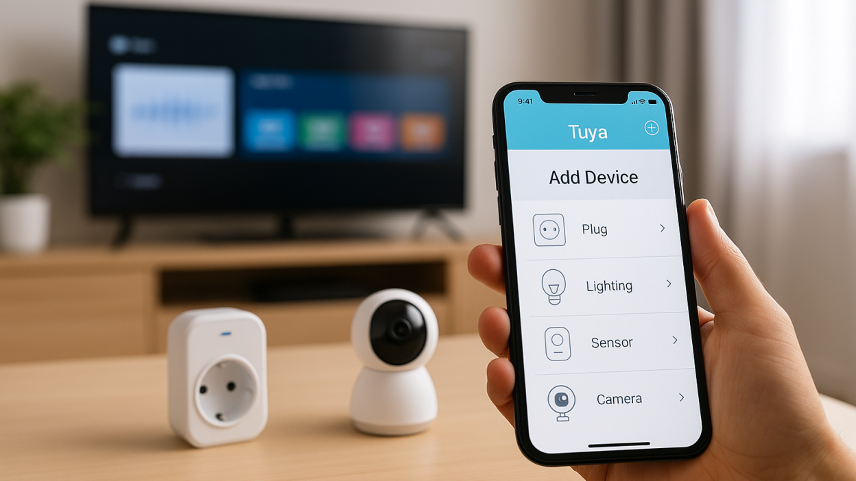 Person holding smartphone with Tuya app open to Add Device screen, near smart plug and camera on coffee table