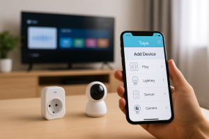 Person holding smartphone with Tuya app open to Add Device screen, near smart plug and camera on coffee table
