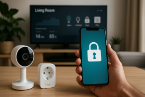 Modern living room with Tuya smart camera, plug, and TV dashboard while user holds phone with security lock icon