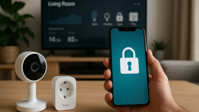 Modern living room with Tuya smart camera, plug, and TV dashboard while user holds phone with security lock icon
