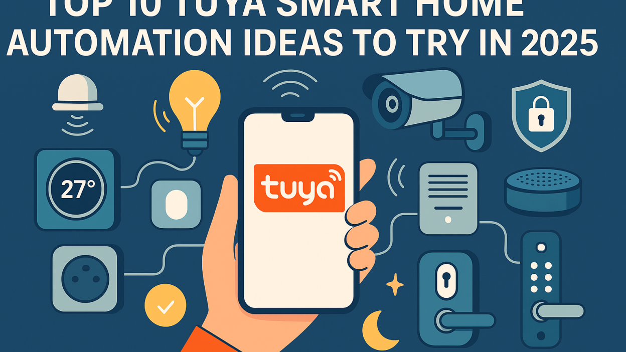 Flat digital illustration of smart home automation using Tuya app connected to lights, locks, camera, sensors, and thermostat