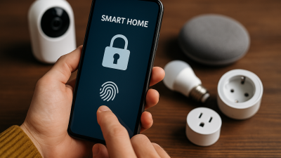 Person holding smartphone with smart home lock screen interface, surrounded by smart bulb, plug, speaker, and camera on table