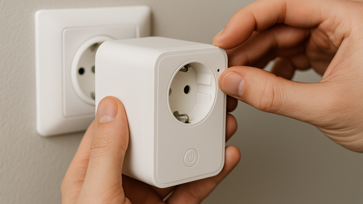 Hands adjusting a white Tuya smart plug into a wall socket during troubleshooting
