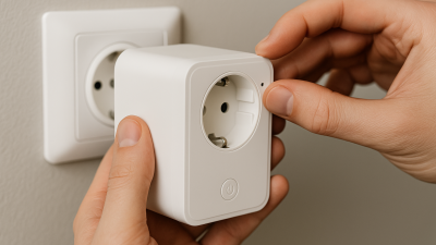 Hands adjusting a white Tuya smart plug into a wall socket during troubleshooting