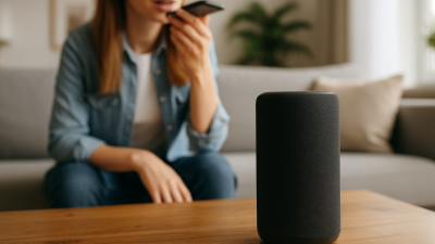 Modern smart speaker on coffee table with woman using smartphone in background in cozy living room