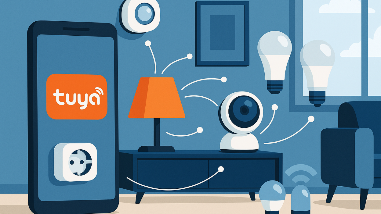 Modern smart home scene with Tuya app on smartphone controlling smart bulb, camera, and sensor in living room
