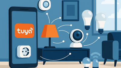Modern smart home scene with Tuya app on smartphone controlling smart bulb, camera, and sensor in living room