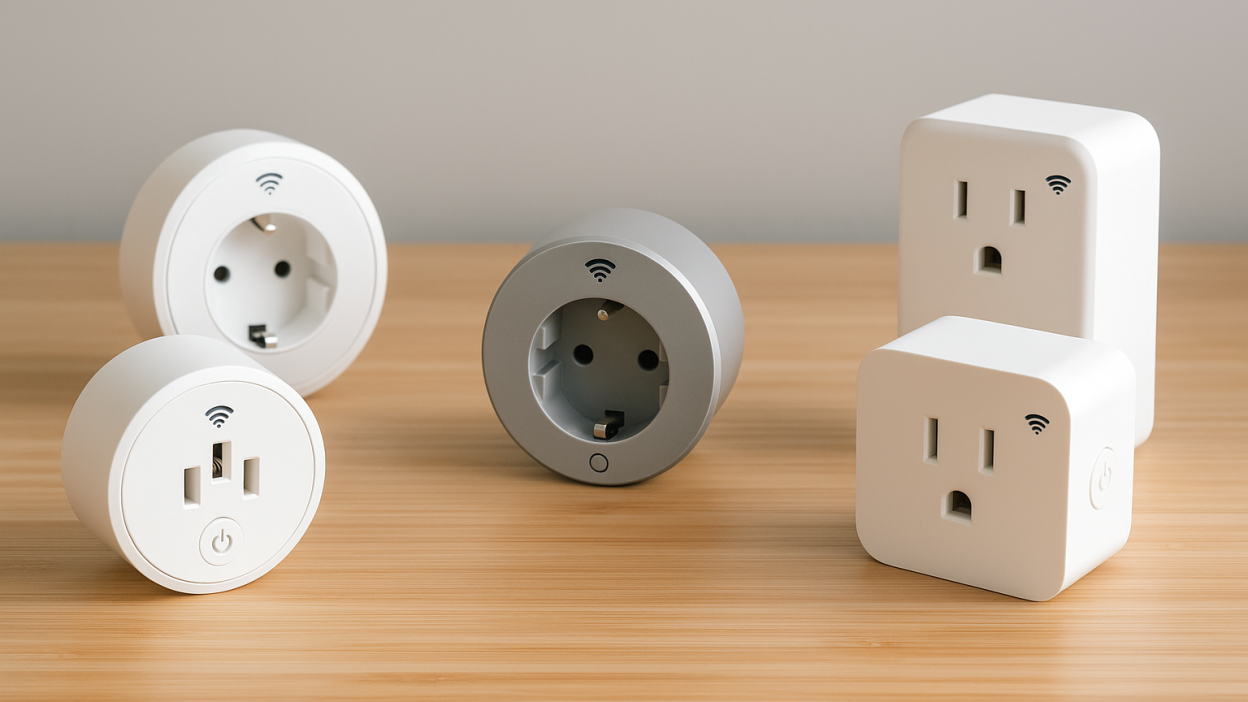 Various Tuya-compatible smart plugs displayed on a wooden surface