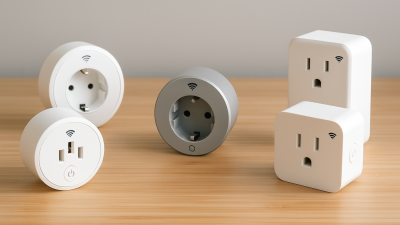 Various Tuya-compatible smart plugs displayed on a wooden surface