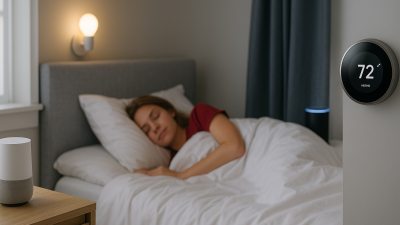 Smart home bedroom with thermostat, voice assistant, and morning lighting while person sleeps peacefully