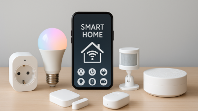Smart home starter kit with plug, bulb, motion sensor, hub, contact sensor, and phone on wooden table