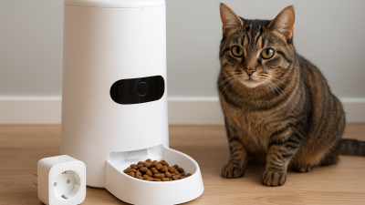 Modern smart pet feeder and smart plug with tabby cat in home environment