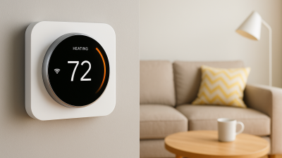 Smart thermostat mounted on a wall in a modern living room with sofa and coffee table