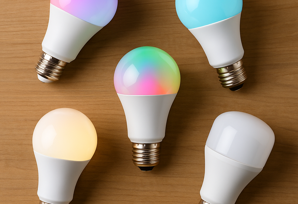 Various smart light bulbs displayed on a wooden surface with colorful lighting