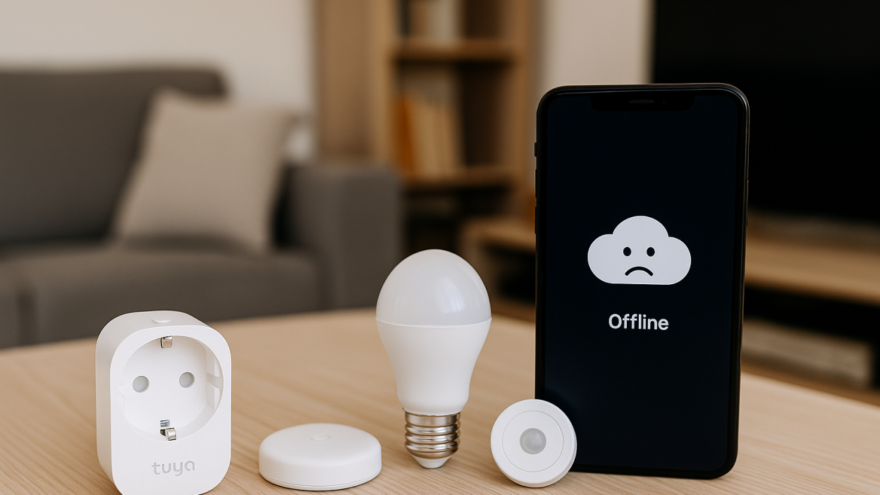 Various Tuya-compatible smart devices including bulbs, plugs, switches, and sensors arranged together