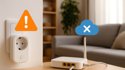 Smart home living room with offline Tuya device and smartphone showing disconnected status