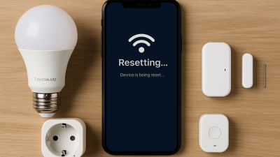 Various Tuya smart devices including plugs, bulbs, and sensors on a table during reset process