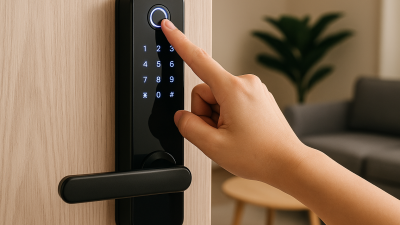 Smart door lock with fingerprint scanner and keypad being used on a modern wooden door