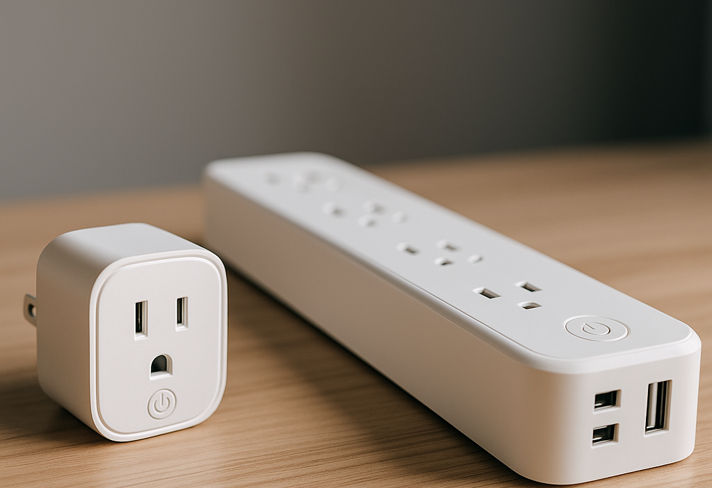 Compact Tuya smart plug and smart power strip with USB ports on wooden surface