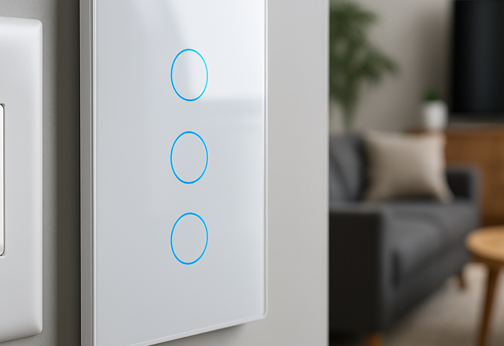 Close-up of a modern Tuya smart light switch with LED buttons in a contemporary living room