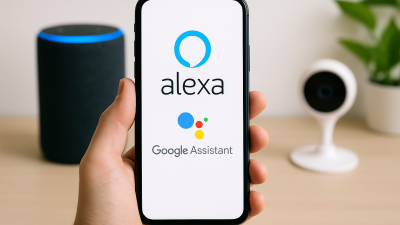 Smartphone showing Alexa and Google Assistant integration in a modern smart home setup