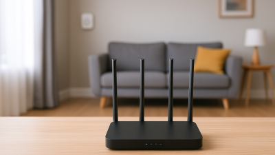 Modern Wi-Fi router on wooden table with a smart home living room in the background