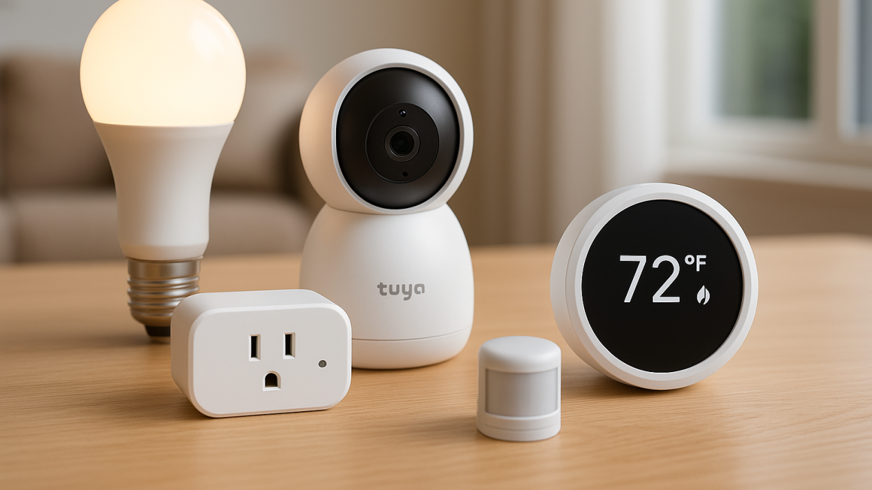 Five Tuya smart devices including thermostat, LED bulb, camera, plug, and sensor on wooden table in modern living room
