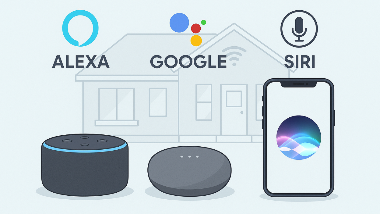 Flat design illustration showing Amazon Alexa, Google Assistant, and Apple Siri with their respective devices in a smart home setting