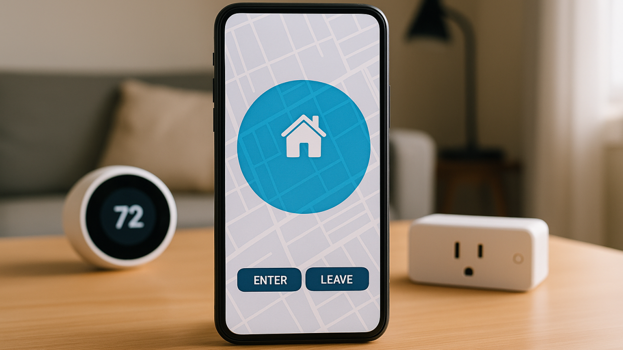 Smartphone displaying geofencing settings in Tuya Smart app with a modern home in the background