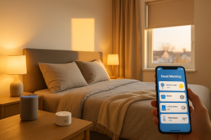Modern bedroom with sunlight, smart speaker, and smartphone showing Tuya morning automation controls