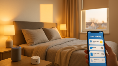 Modern bedroom with sunlight, smart speaker, and smartphone showing Tuya morning automation controls