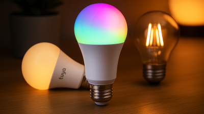 Three Tuya smart bulbs displaying warm white, vintage amber, and colorful RGB lighting on a wooden surface