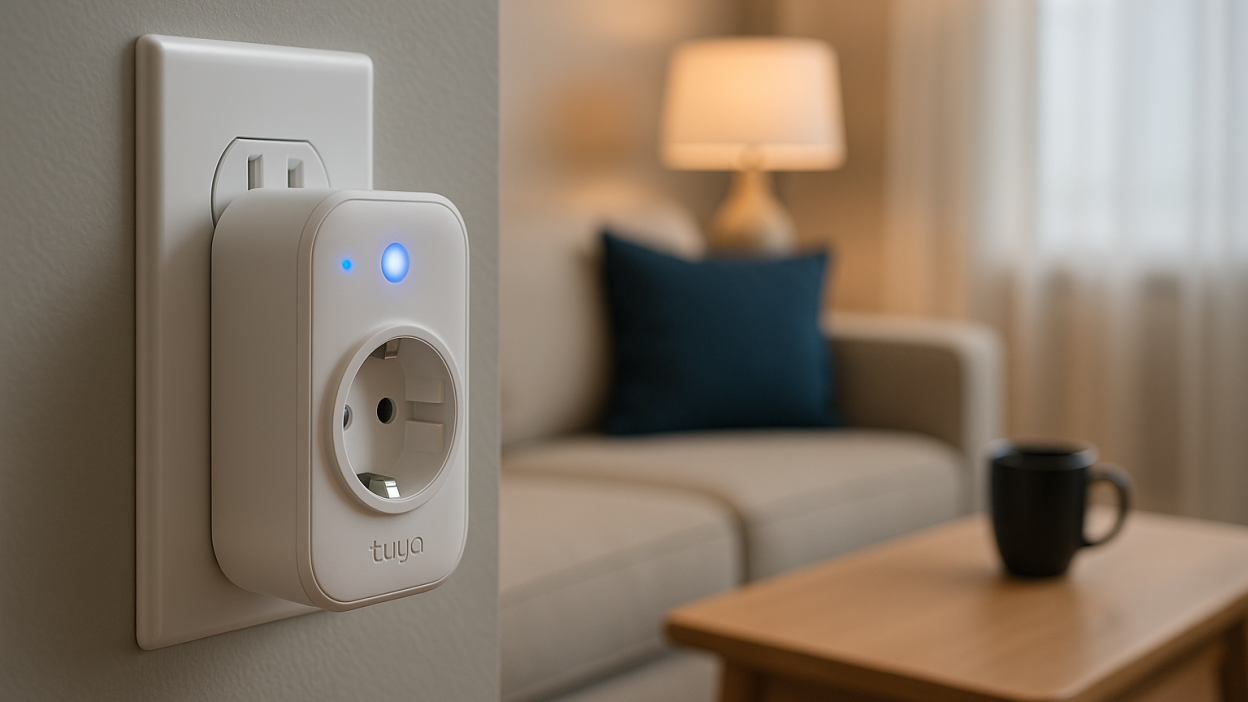 Tuya smart plug in a modern living room outlet with cozy lighting and furniture in the background